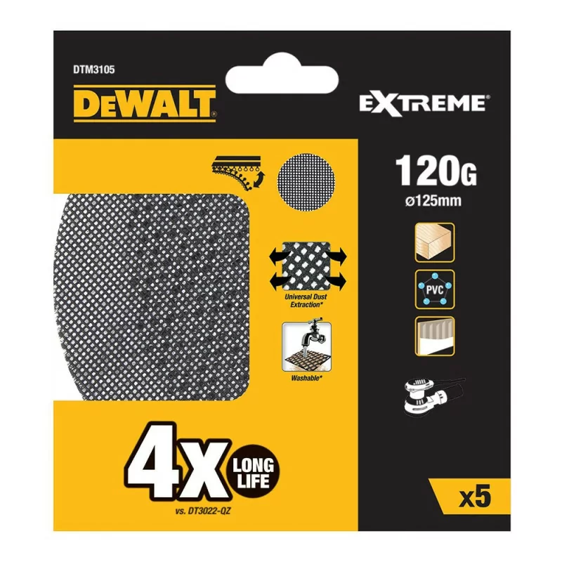Set of 5 Dewalt Mesh Sandpaper - ø125 mm - 120 Grit - Rotorbital Sanders - DTM3105-QZ