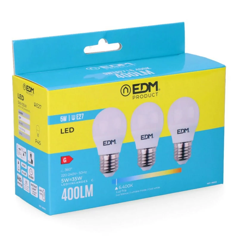 Conjunto 3 Lâmpadas Esféricas EDM - LED - E27 - 5 W - 400 LM - 6400 K - Luz Frio