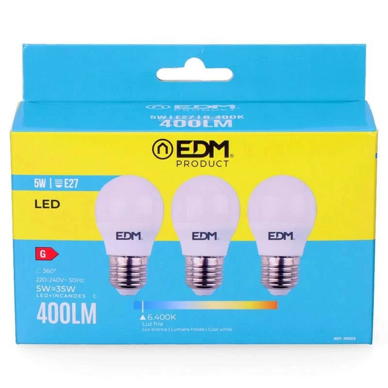 Conjunto 3 Bombillas Esféricas EDM - LED - E27 - 5 W - 400 LM - 6400 K - Luz Frio