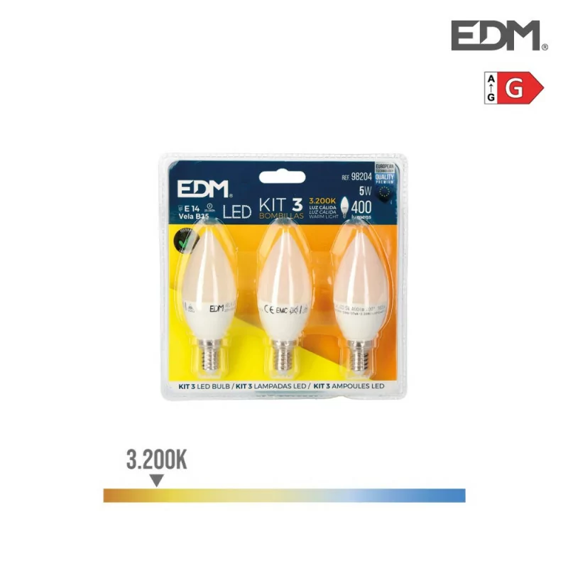 Conjunto 3 Bombillas Vela EDM - LED - E14 - 5 W - 400 LM - 3200 K - Luz Quente Conjunto 3 Bombillas Vela EDM - LED - E14 - 5 W - 400 LM - 3200 K - Luz Quente