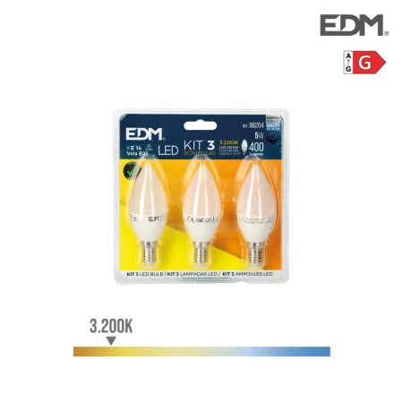 Conjunto 3 Lâmpadas Vela EDM - LED - E14 - 5 W - 400 LM - 3200 K - Luz Quente|EdM|8425998982046