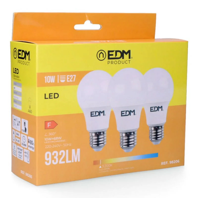 Conjunto 3 Lâmpadas Standard EDM - LED - E27 - 10 W - 810 LM - 3200 K - Luz Quente|EdM|8425998982060 Conjunto 3 Lâmpadas Standard EDM - LED - E27 - 10 W - 810 LM - 3200 K - Luz Quente|EdM|8425998982060
