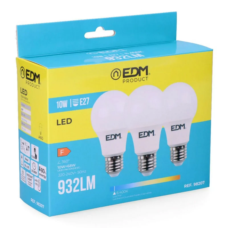 Conjunto 3 Lâmpadas Standard EDM - LED - E27 - 10 W - 810 LM - 6400K - Luz Fria|EdM|8425998982077 Conjunto 3 Lâmpadas Standard EDM - LED - E27 - 10 W - 810 LM - 6400K - Luz Fria|EdM|8425998982077