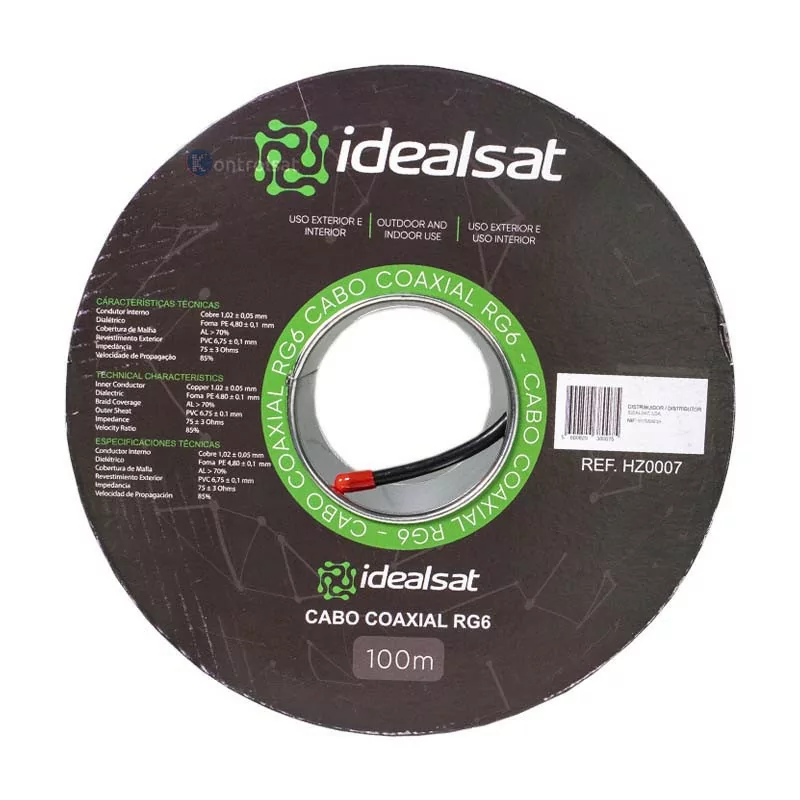Cabo Coaxial RG6 Preto PE - 100M - Idealsat