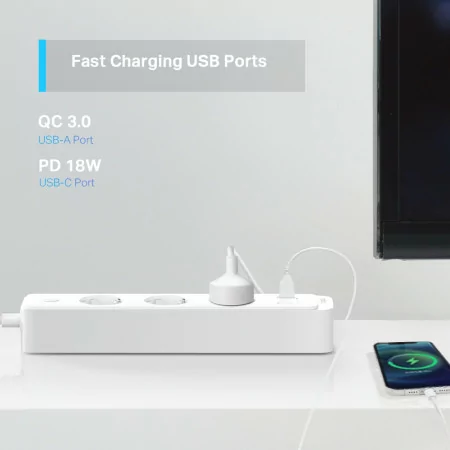 Extensão de Tomada Inteligente Tapo TP-Link - Smart Wi-Fi Power Strip 3 Tomadas Schuko 10A + USB/USB-C Branca|TP-Link|4897098683958