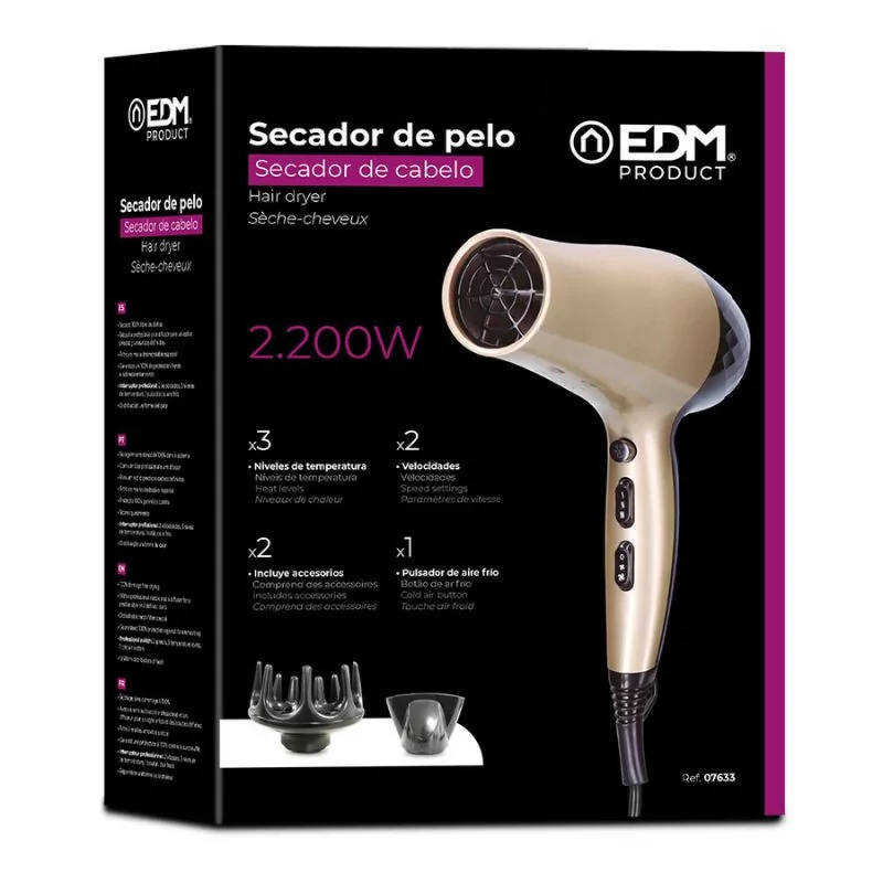 Secador de Cabelo EDM Golden Black - Difusão 100º com Bico Profissional - 1800/2000W