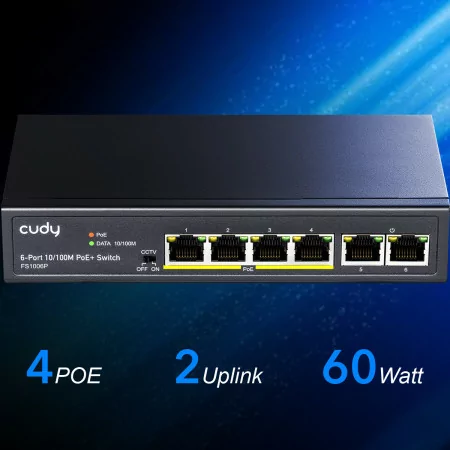 Switch Cudy - 6 Portas 10/100 Mbps - UnManaged PoE+ - FS1006P|Cudy|6971690790264