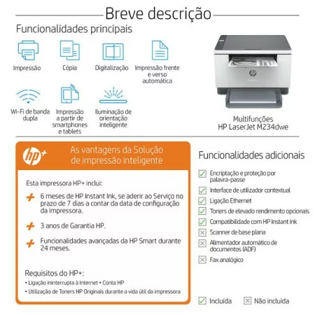 Multifunción láser monocromo hp laserjet mfp m234dwe wifi/ dúplex/ blanca