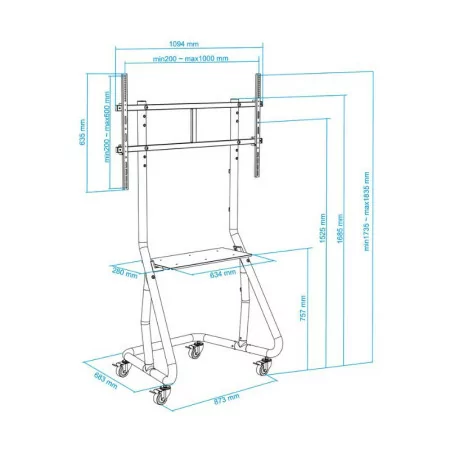 TooQ Mobile Floor Stand - 1 Screen - 60" / 105" - With Shelf - Black - FS20200M-B