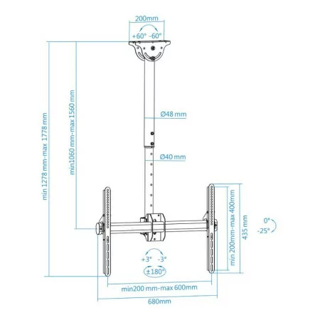 TooQ Extendable Ceiling Mount - 1 Screen - 37" / 70" - Black - LPCE1170TSLI-B