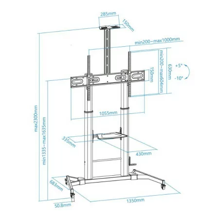 TooQ Adjustable Floor Stand - Zeus - W/ Wheels - 60" / 100" - Black - FS20400HM-B