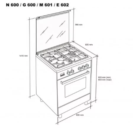 Meireles Butane Gas Monobloc Stove - 4 Burners - 55L - 60cm - Stainless Steel - E-602-X