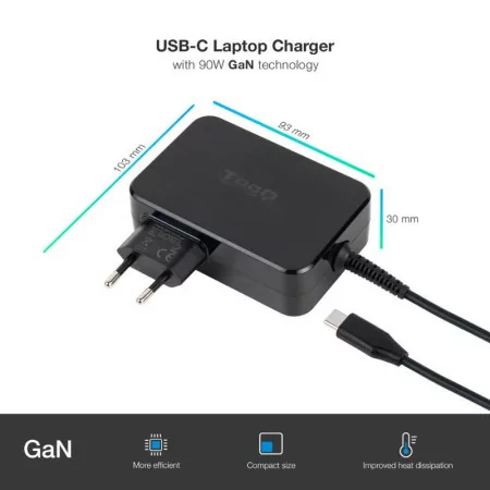Carregador P/ Portátil TooQ - USB-C - Preto - TQLC-USBCGAN90PD|TooQ|8433281013193