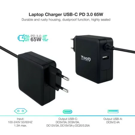 Carregador USB-C TooQ - Preto - TQLC-USBC65PD|TooQ|8433281011984