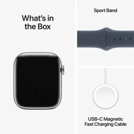 Apple Watch Series 9 GPS + Cellular Silver Stainless Steel | Trovoada Blue Sport Strap - M/L (45mm)