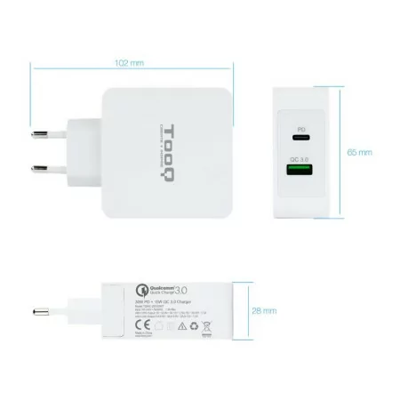 TooQ Dual Charger - USB-C PD + USB A QC3.0 port - 48W - White - TQWC-2SC03WT