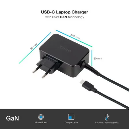Carregador USB-C TooQ - 65W - P/ Portátil - Preto - TQLC-USBCGAN65PD|TooQ|8433281013186