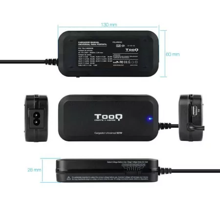 TooQ Charger - For Laptop - Universal - 90W - USB 2.0 - TQLC-90BS02M