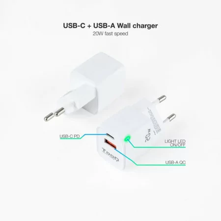 TooQ Wall Charger - USB-C/PD + USB-A/QC - 20W - White - TQWC-QCPD20WT