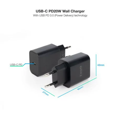 TooQ Charger - USB-C - 20W - Black - TQWC-PDUSBC20B