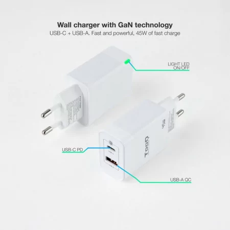 TooQ Charger - USB-C/PD - 45W - White - TQWC-GANQCPD45WT