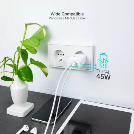 TooQ Charger - USB-C/PD - 45W - White - TQWC-GANQCPD45WT