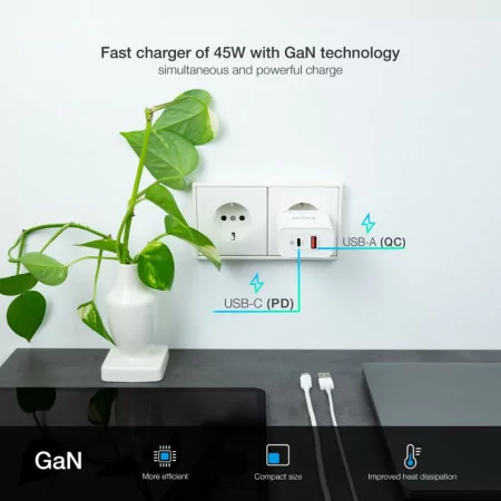 TooQ Charger - USB-C/PD - 45W - White - TQWC-GANQCPD45WT