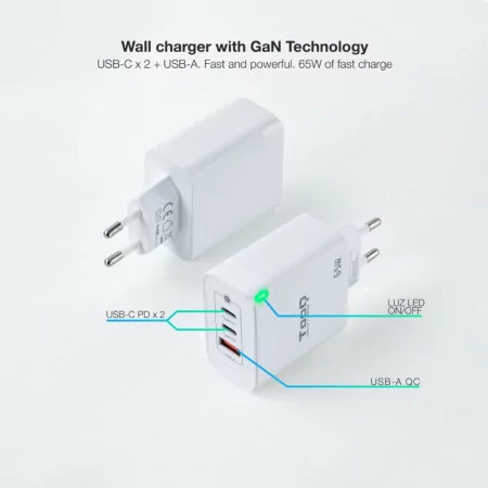 Carregador TooQ - USB-C/PD - 65W - Branco - TQWC-GANQC2PD65WT|TooQ|8433281012585