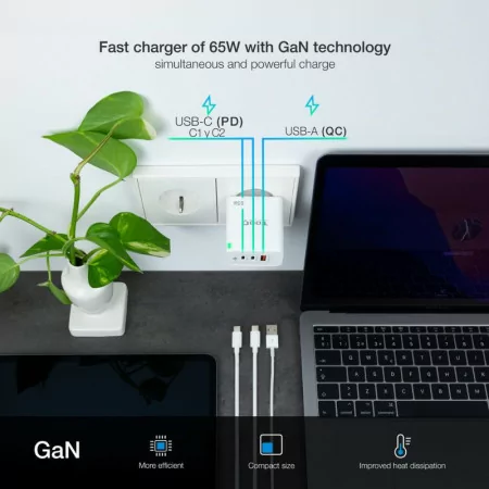 TooQ Charger - USB-C/PD - 65W - White - TQWC-GANQC2PD65WT