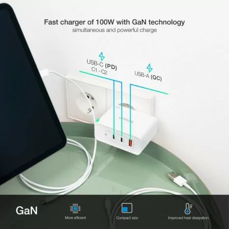TooQ Wall Charger - GaN - 100W - White - TQWC-GANQC2PD100W