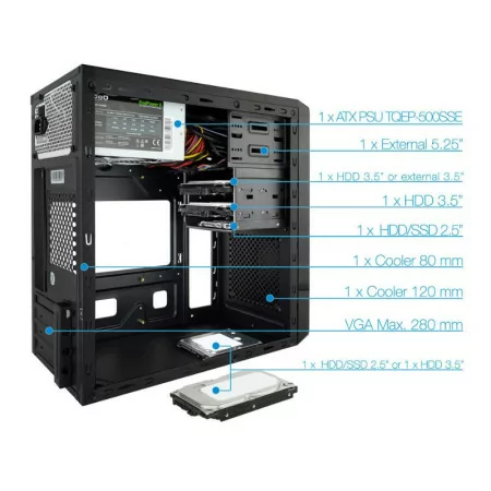 TooQ M-ATX Case - 500W - Black - TQC-4735U3C-B