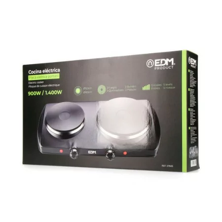 Placa Elétrica Portátil 2 Zonas EDM - 1400W - Preta - 07659|EdM|8425998076592