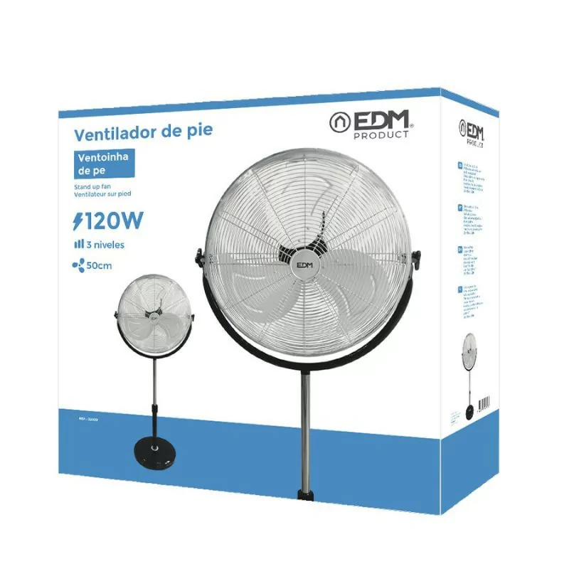 Ventilador de Pie Industrial EDM - 118/148cm - Base Circular - 120W - Cromado/Negro