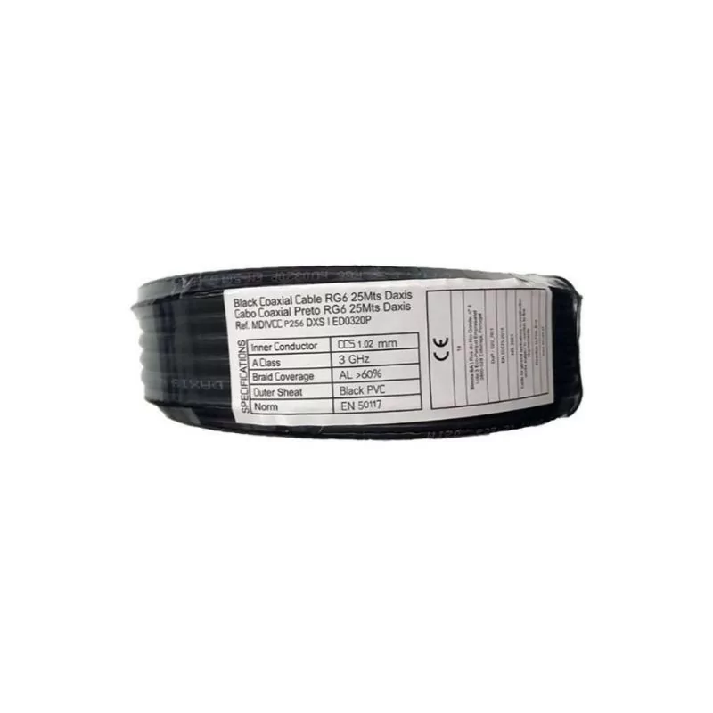 Cabo Coaxial RG6 Preto PVC - 25M