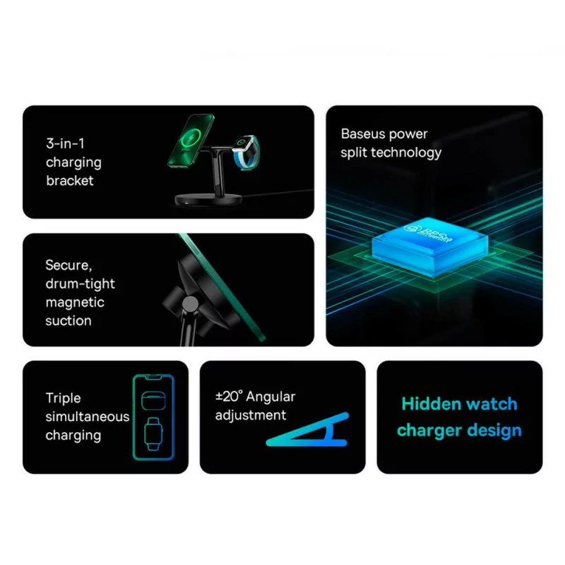 Carregador Wireless Baseus Swan 3-em-1 - 20W - Preto