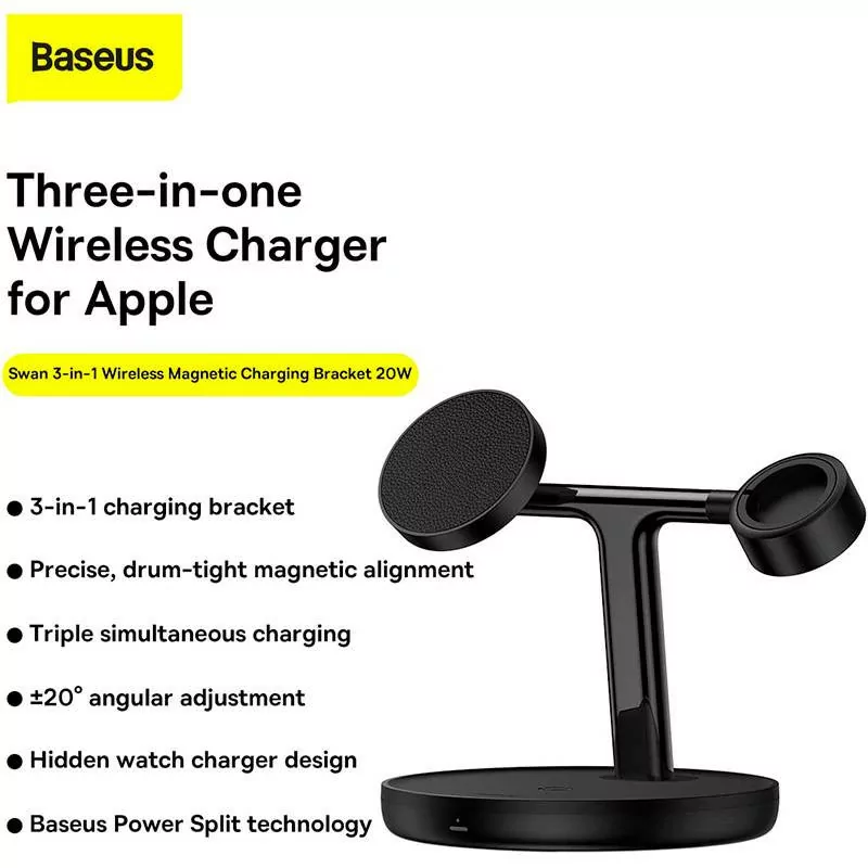 Carregador Wireless Baseus Swan 3-em-1 - 20W - Preto