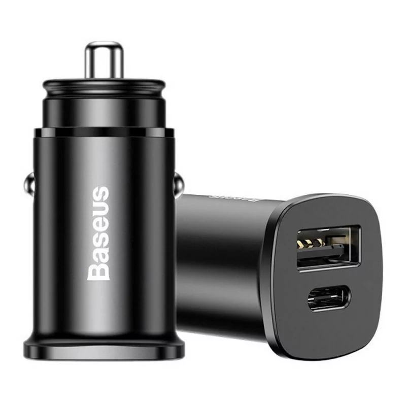 Baseus Square Metal Car Charger USB-C/USB-A 30W Car Charger - Black Baseus Square Metal Car Charger USB-C/USB-A 30W Car Charger - Black