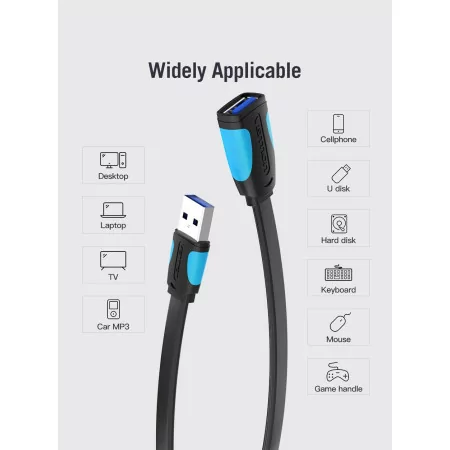 Cable Extensor USB(A) Macho - USB(A) Fêmea - Vention - ( 1M - USB 3.0 - Negro/Azul)