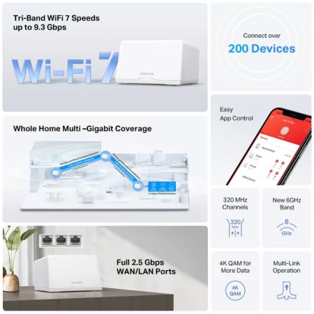 Sistema Mesh Mercusys Halo H47BE BE9300 Tri-Band WiFi 7 2.5GbE (Pack-2)|TP-Link|6957939001681
