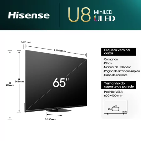 Smart TV Hisense 65 ULED MiniLED 65U8NQ - (165cm - VIDAA OS - UHD 4K - Pé Central Ajustável - Gaming TV)