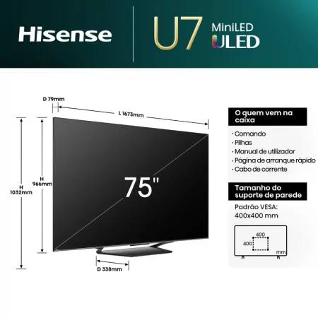 Smart TV Hisense 75" ULED MiniLED 75U7NQ - (191cm - VIDAA OS - UHD 4K - Pé Central - Gaming TV)|Hisense|6942351404608