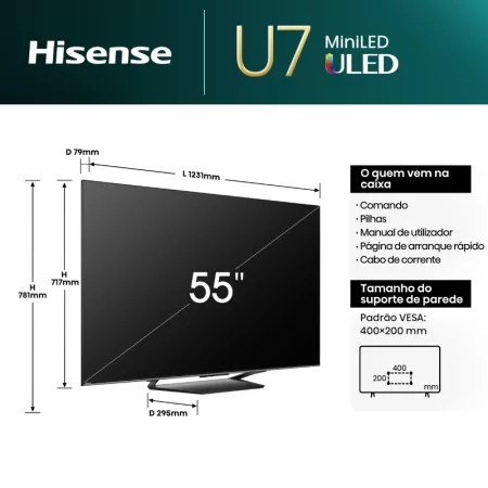 Hisense Smart TV 55" ULED MiniLED 55U7NQ - (140cm - VIDAA OS - UHD 4K - Central Foot - Gaming TV)