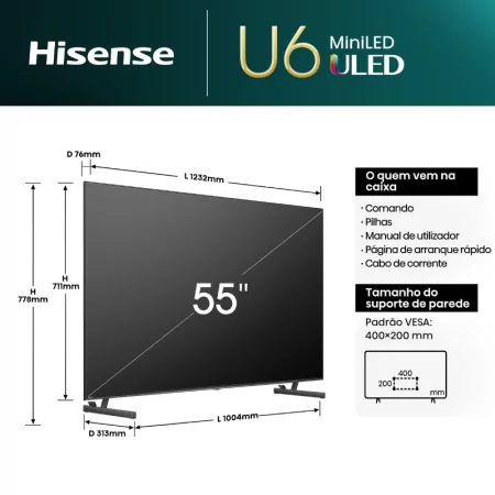 Smart TV Hisense 55 ULED MiniLED 55U6NQ - (140cm - VIDAA OS - UHD 4K - Pé Duplo Ajustável)
