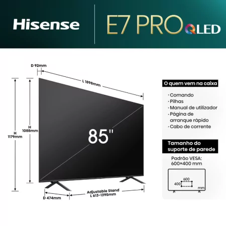 Smart TV Hisense 85" QLED 85E7NQ - (216cm - VIDAA OS - UHD 4K - Pé Duplo)|Hisense|6942351402758