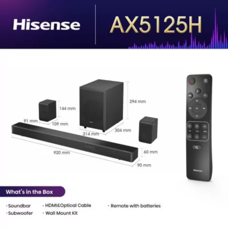 Soundbar Hisense 5.1.2 - Barra de Som + Subwoofer + Colunas - 500W - AX5125H|Hisense|6942147497432