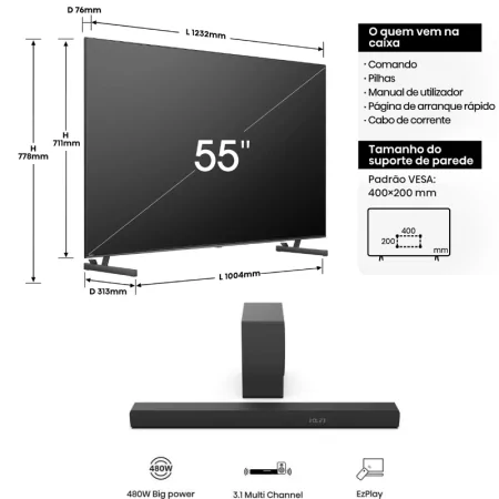 Smart TV Hisense 55" ULED MiniLED 55U6NQ + Soundbar Hisense HS3100 280W