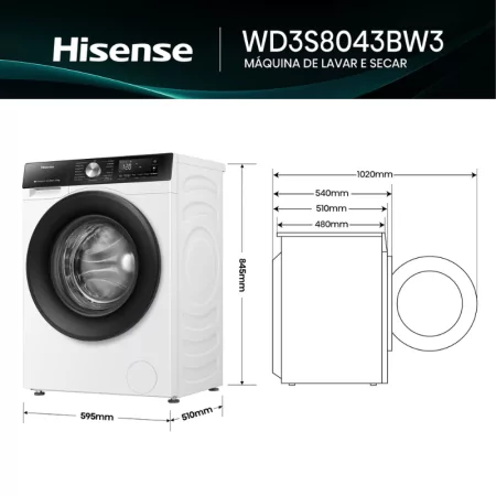 Máquina de Lavar e Secar Roupa Hisense - (8/5Kg - 1400RPM - Classe D/A) WD3S8043BW3|Hisense|6901101830173