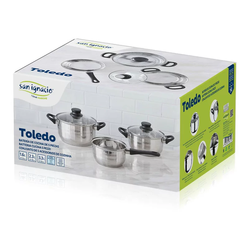 Trem de Cozinha Universal 5 Peças Inox – Toledo (Caçarola Ø16cm + Tachos c/ Tampa Ø18/20) - San Ignacio - SG8050