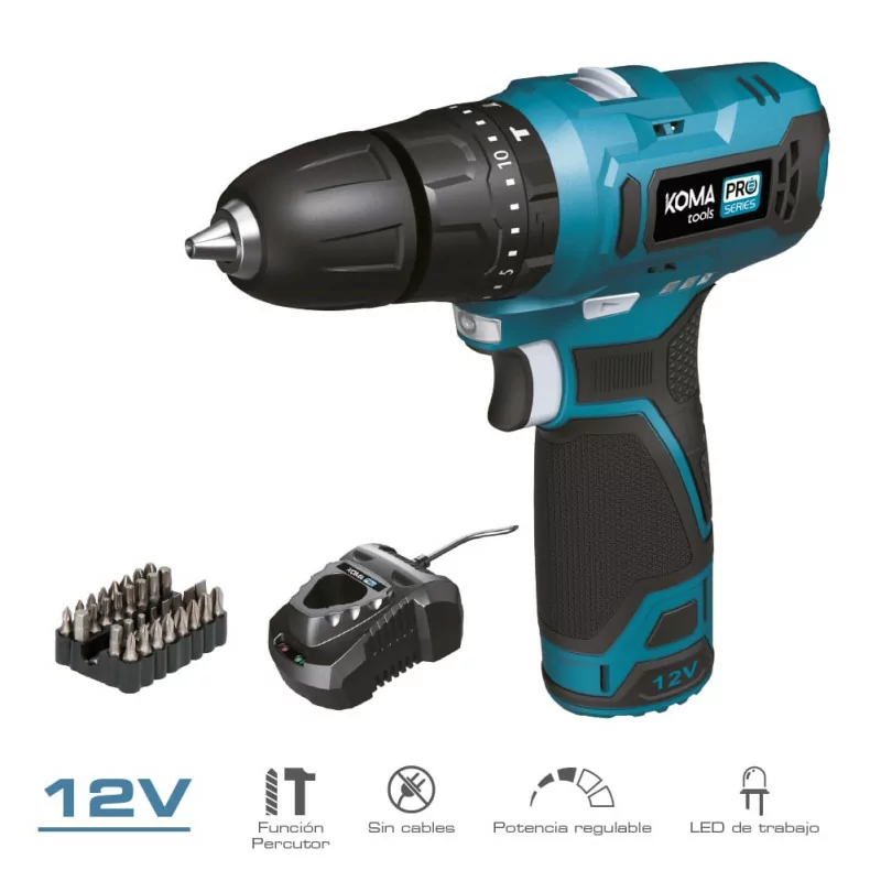 Kit Taladro Percutor Inalámbrico Koma Tools 08850 (12V) c/ Accesorios Kit Taladro Percutor Inalámbrico Koma Tools 08850 (12V) c/ Accesorios