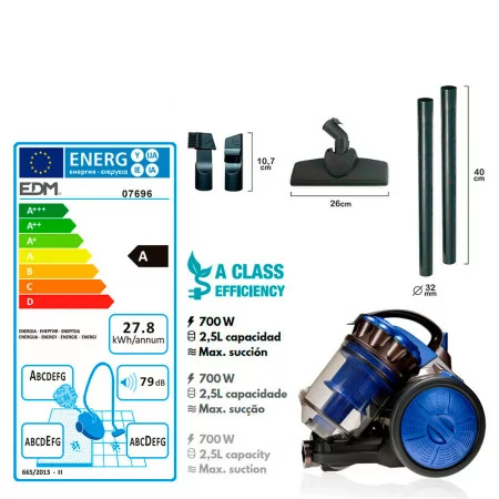 EDM 2.5 L Bagless Vacuum Cleaner - Multicyclonic 79 dB - 700 W Blue - Class A